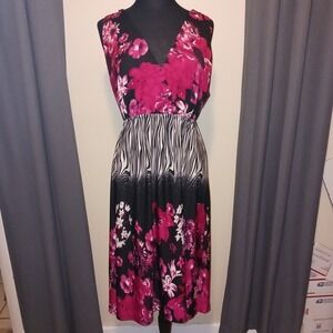 Dots Black Pink Floral Zebra Print Sleeveless V Neck‎ Midi lightweight Dress 2X